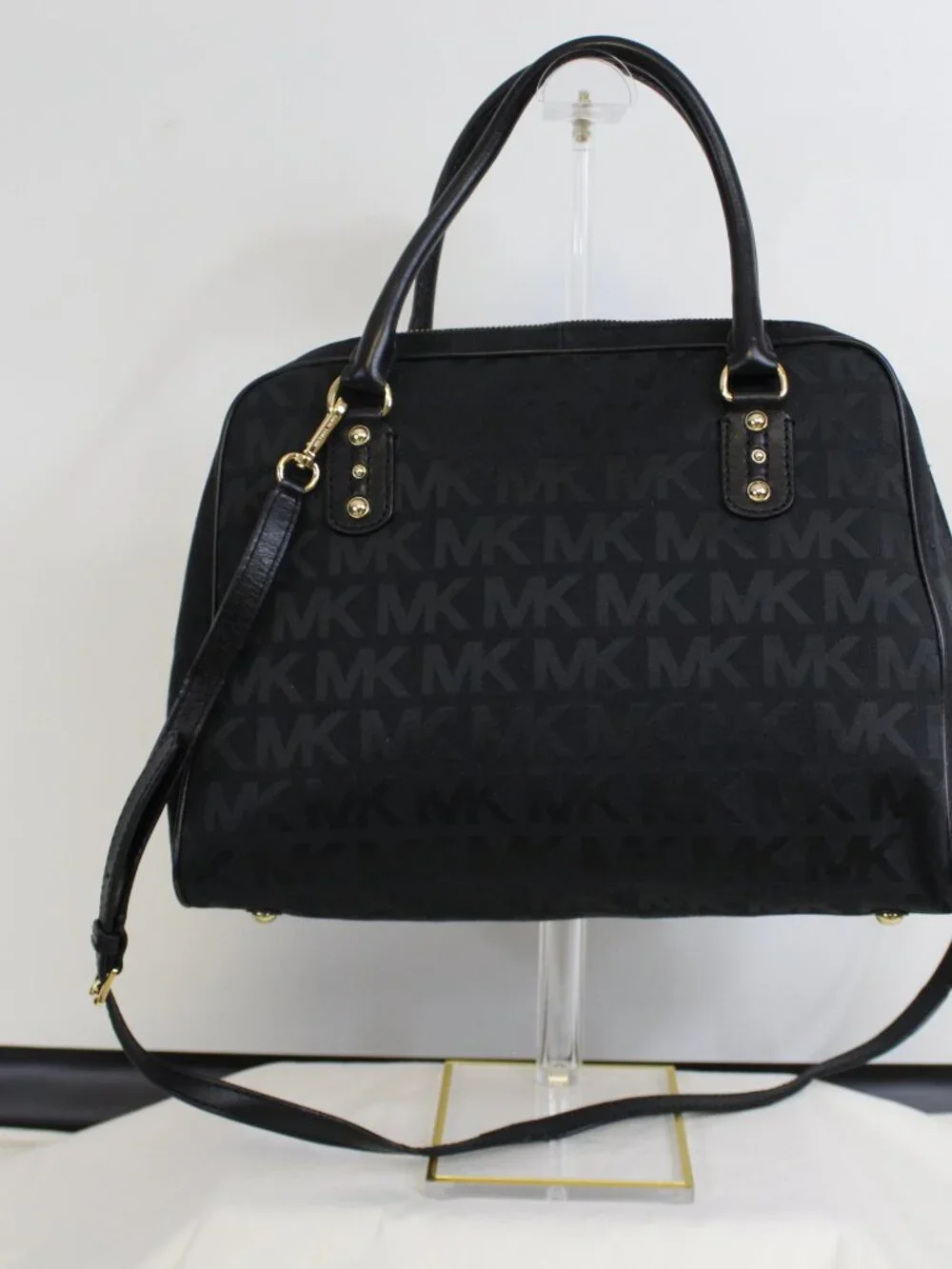 Michael Kors Black‎ Logo Satchel Canvas Leather Crossbody Bag Gold Hardware